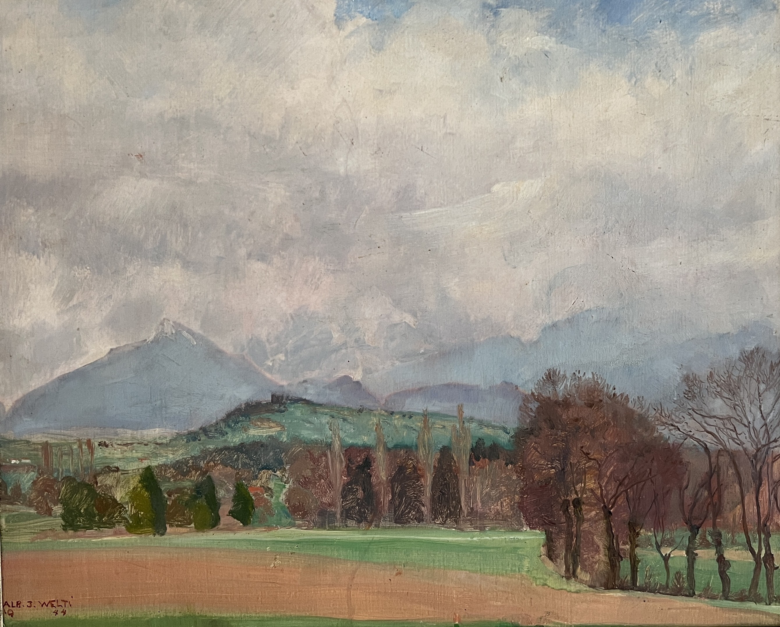 Albert Jakob Welti, Paysage de campagne avec montagnes et nuages Albert Jakob Welti, Paysage de campagne avec montagnes et nuages