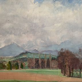 Gemälde, Paysage de campagne avec montagnes et nuages, Albert Jakob Welti