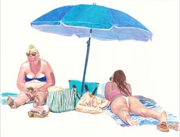 Dessin, Maman et fille à la page avec parasol bleu, Rosario Heins