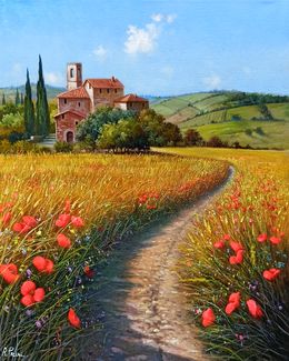 Gemälde, Towards the hamlet - Tuscany landscape painting, Raimondo Pacini