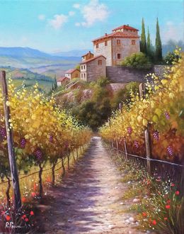 Gemälde, Light in the vineyard - Tuscany landscape painting, Raimondo Pacini