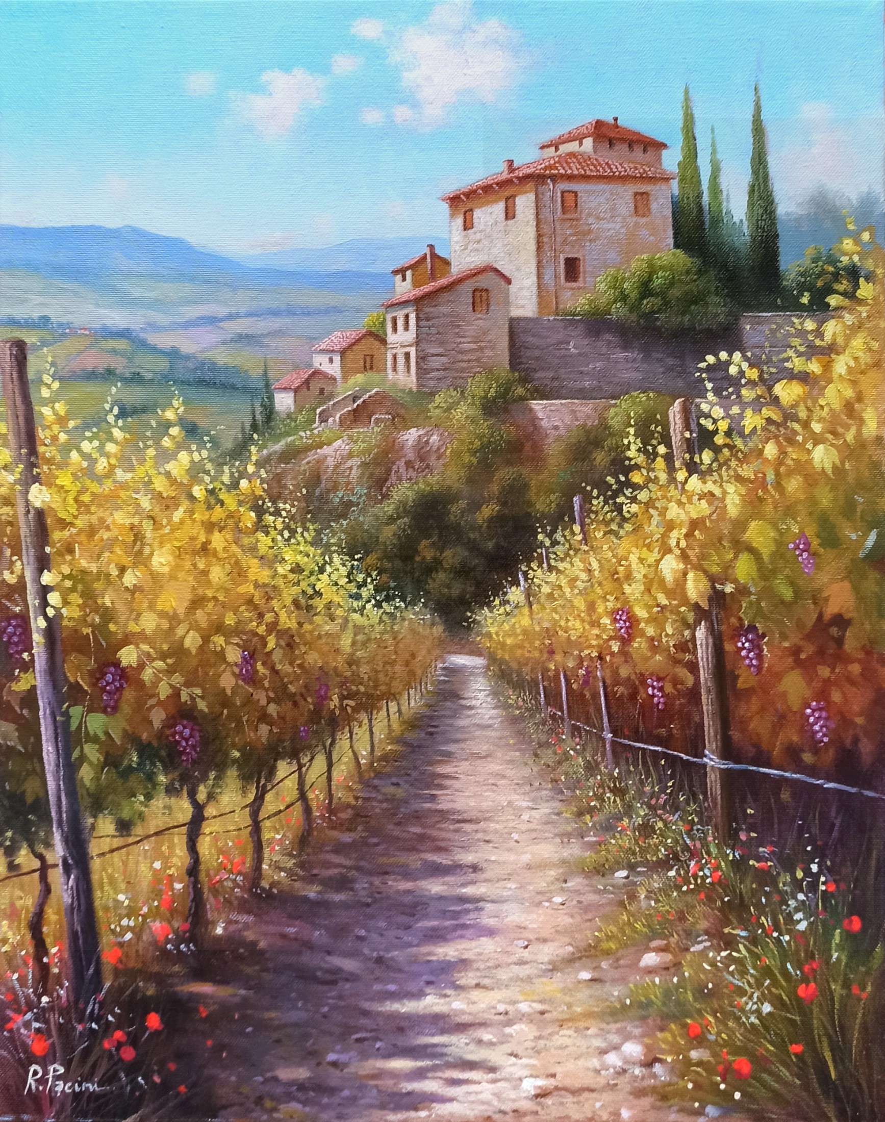 Raimondo Pacini, Light in the vineyard - Tuscany landscape painting Raimondo Pacini, Light in the vineyard - Tuscany landscape painting