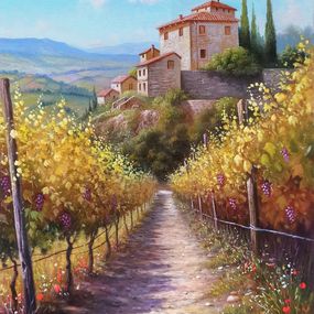 Peinture, Light in the vineyard - Tuscany landscape painting, Raimondo Pacini