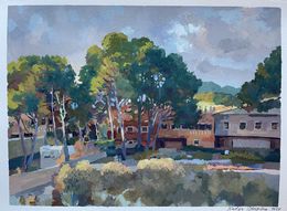 Gemälde, Landscape with a red houses, Nadezda Stupina
