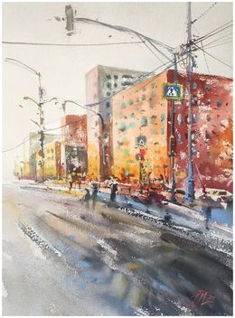 Peinture, Autumn city -  City landscape Watercolor painting, Irina Pronina