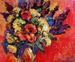 Painting, Flowers on a red canvas, Oksana Ivanyuk