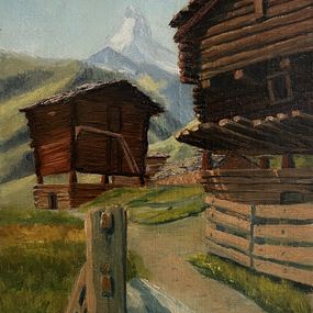Gemälde, Chemin entre les mazots et vue sur le Cervin, Marius Chambaz