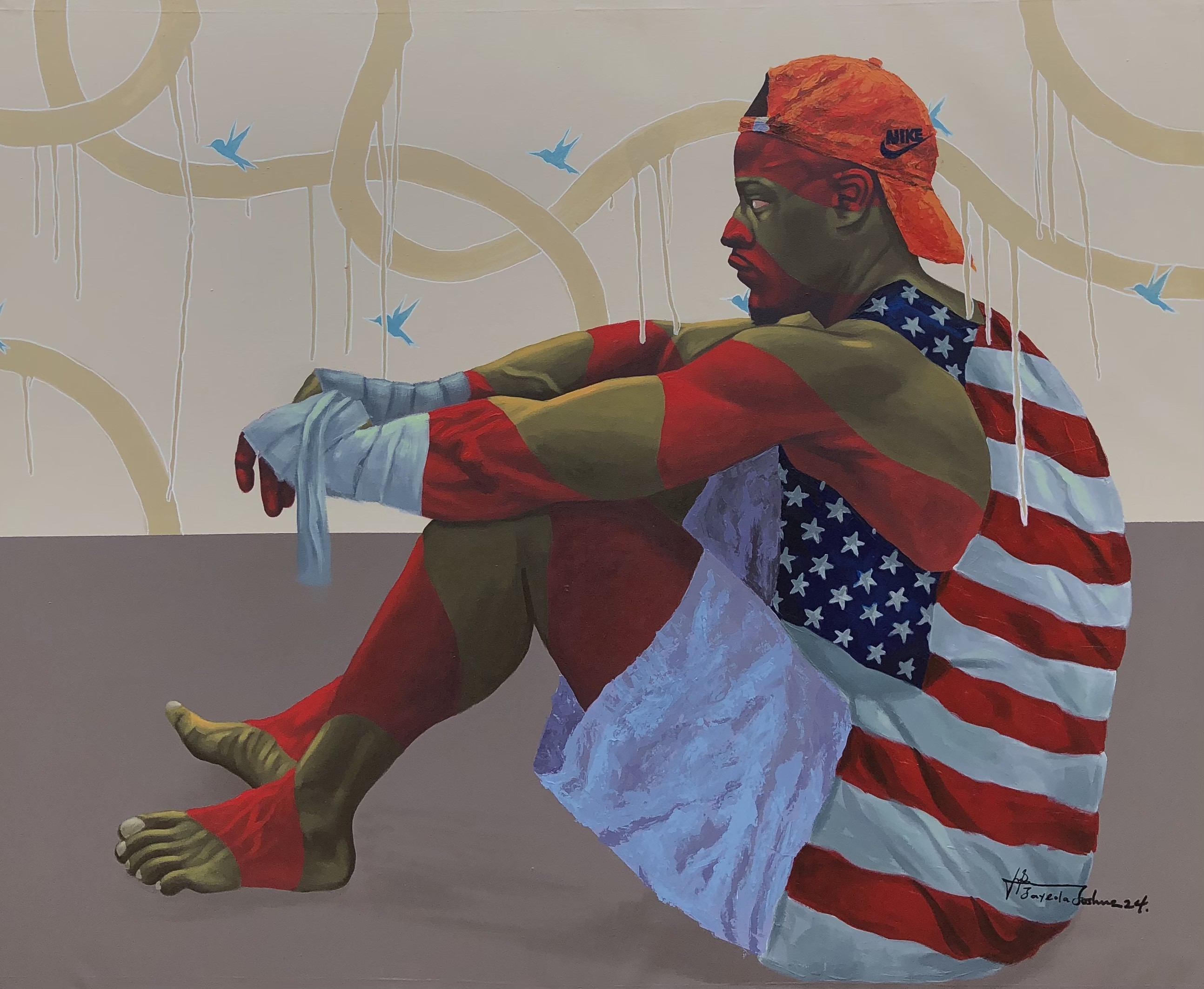 Jayeola Joshua, Dear Dreamer - 21st Century Contemporary Painting of a Young Man Sitting in Red Jayeola Joshua, Dear Dreamer - 21st Century Contemporary Painting of a Young Man Sitting in Red