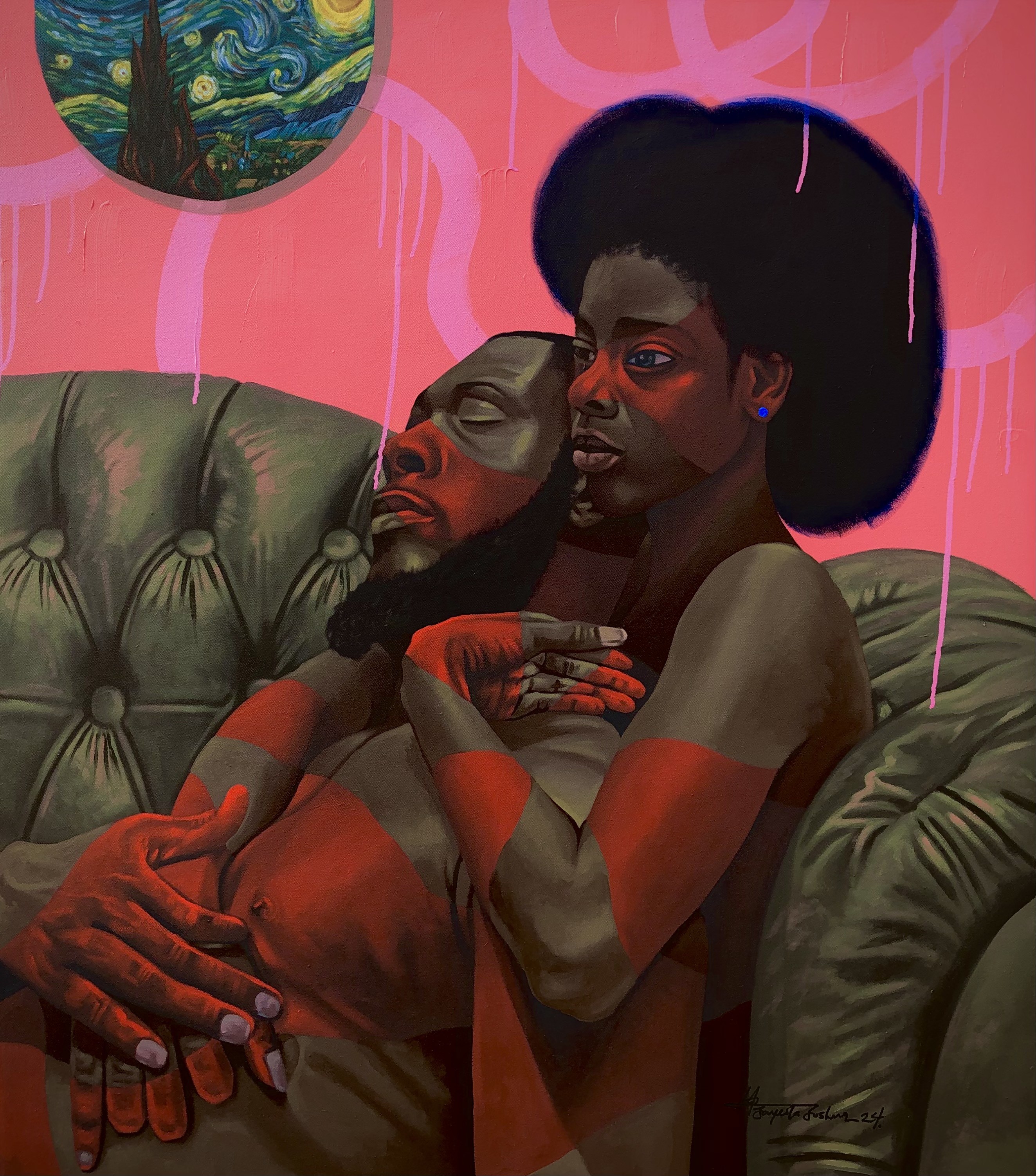 Jayeola Joshua, Safe Space - 21st Century Contemporary Painting of a Man and Woman in Love Jayeola Joshua, Safe Space - 21st Century Contemporary Painting of a Man and Woman in Love