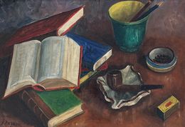 Gemälde, Nature morte aux bouquins, à la pipe et aux allumettes, S. Pagani