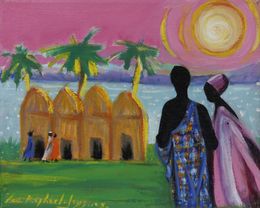 Painting, Couple devant quatre cases - scène de vie africaine, Céline Raphaël-Leygues