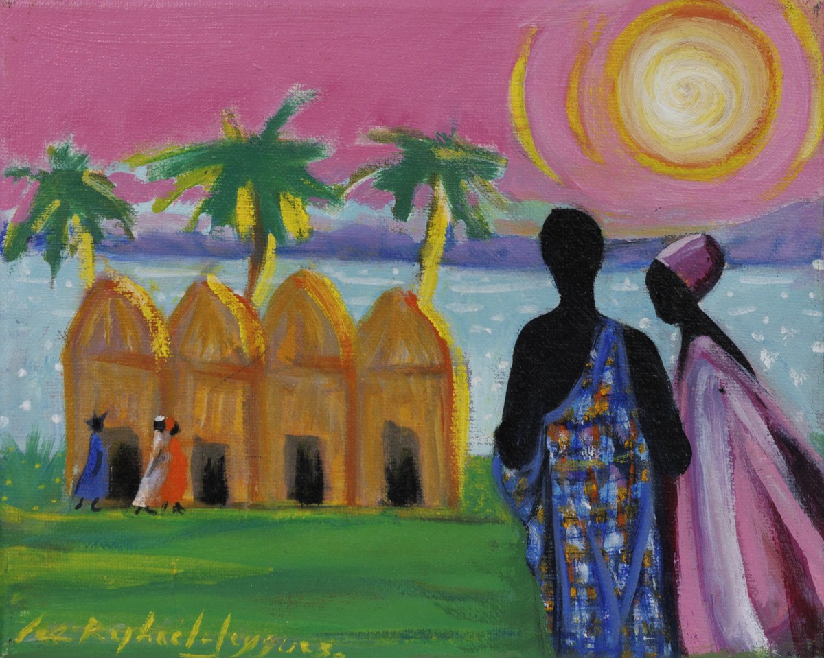 Céline Raphaël-Leygues, Couple devant quatre cases - scène de vie africaine Céline Raphaël-Leygues, Couple devant quatre cases - scène de vie africaine
