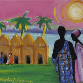 Gemälde, Couple devant quatre cases - scène de vie africaine, Céline Raphaël-Leygues
