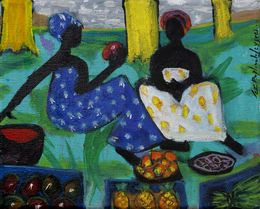 Painting, Deux vendeuses - Scène de vie quotidienne africaine, Céline Raphaël-Leygues