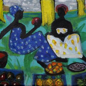 Gemälde, Deux vendeuses - Scène de vie quotidienne africaine, Céline Raphaël-Leygues