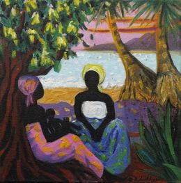 Gemälde, Deux femmes et enfant près de l'eau - Scène de vie africaine, Céline Raphaël-Leygues