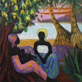 Gemälde, Deux femmes et enfant près de l'eau - Scène de vie africaine, Céline Raphaël-Leygues