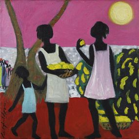 Gemälde, Trois petites marchandes de citrons - Scène de vie africaine, Céline Raphaël-Leygues