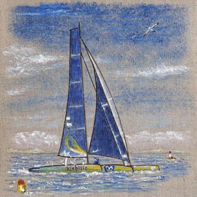 Gemälde, Viabilis N°CCCXXXXI - Coque verte et jaune, grand'voile bleue, Jean-François Clair