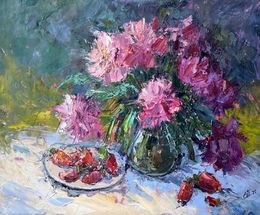 Peinture, Strawberries with peonies, Evgeniya Polyudova