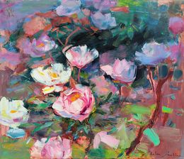 Gemälde, Peonies on grey burgundy, Helen Shukina