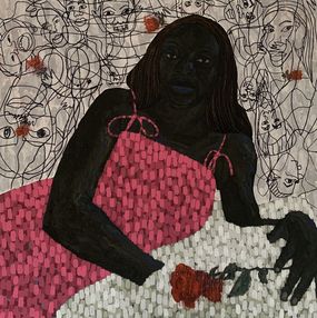 Gemälde, I Also Have A Rose - 21st Century Contemporary, Figurative Impasto, Floral Women, Dan Uduak-obong