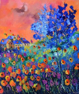 Painting, Red poppies and blue tree, Pol Ledent
