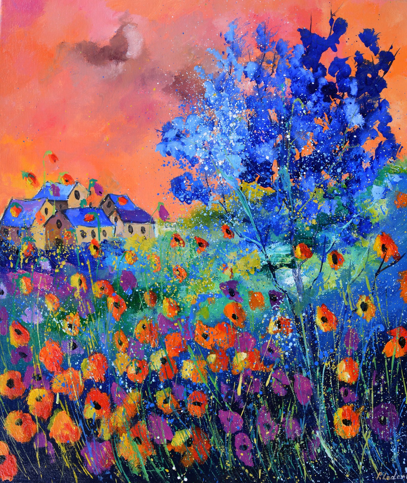 Pol Ledent, Red poppies and blue tree Pol Ledent, Red poppies and blue tree