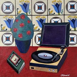 Painting, Stillife with vinyl record player and azulejo, Olga Afanasiadi