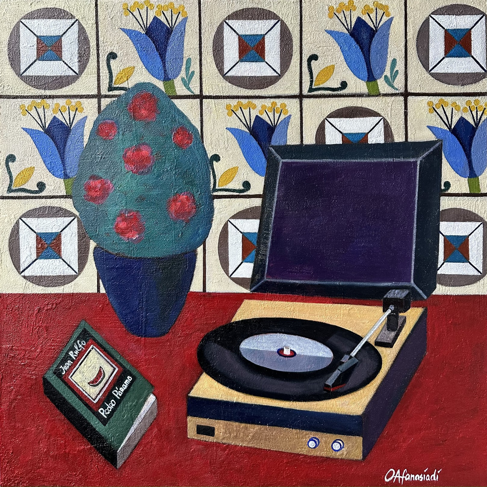 Olga Afanasiadi, Stillife with vinyl record player and azulejo Olga Afanasiadi, Stillife with vinyl record player and azulejo