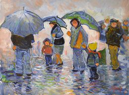 Peinture, La sortie d'école sous la pluie, Patrick Marie