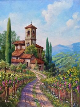 Gemälde, The hamlet vineyard - Tuscany landscape painting, Domenico Ronca