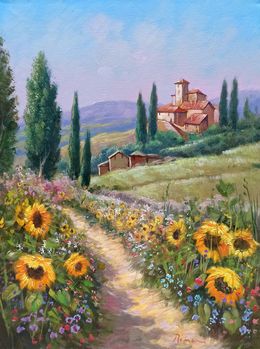 Gemälde, The flowery path - Tuscany landscape painting, Domenico Ronca