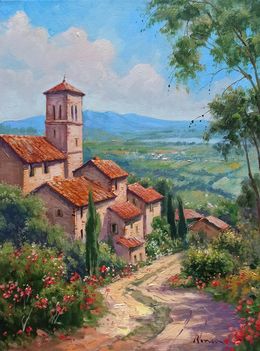 Gemälde, The ancient hamlet - Tuscany landscape painting, Domenico Ronca