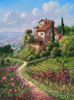 Gemälde, Romantic path of flowers - Tuscany landscape painting, Domenico Ronca