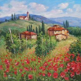 Gemälde, Vineyard and red poppies - Tuscany landscape painting, Domenico Ronca