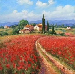 Gemälde, Path amomg the poppies - Tuscany landscape painting, Domenico Ronca