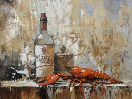 Gemälde, Luxury lunch break with a Red Lobster and the bottle of wine., Schagen Vita