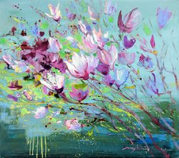 Gemälde, Magnolia on green-blue, Helen Shukina