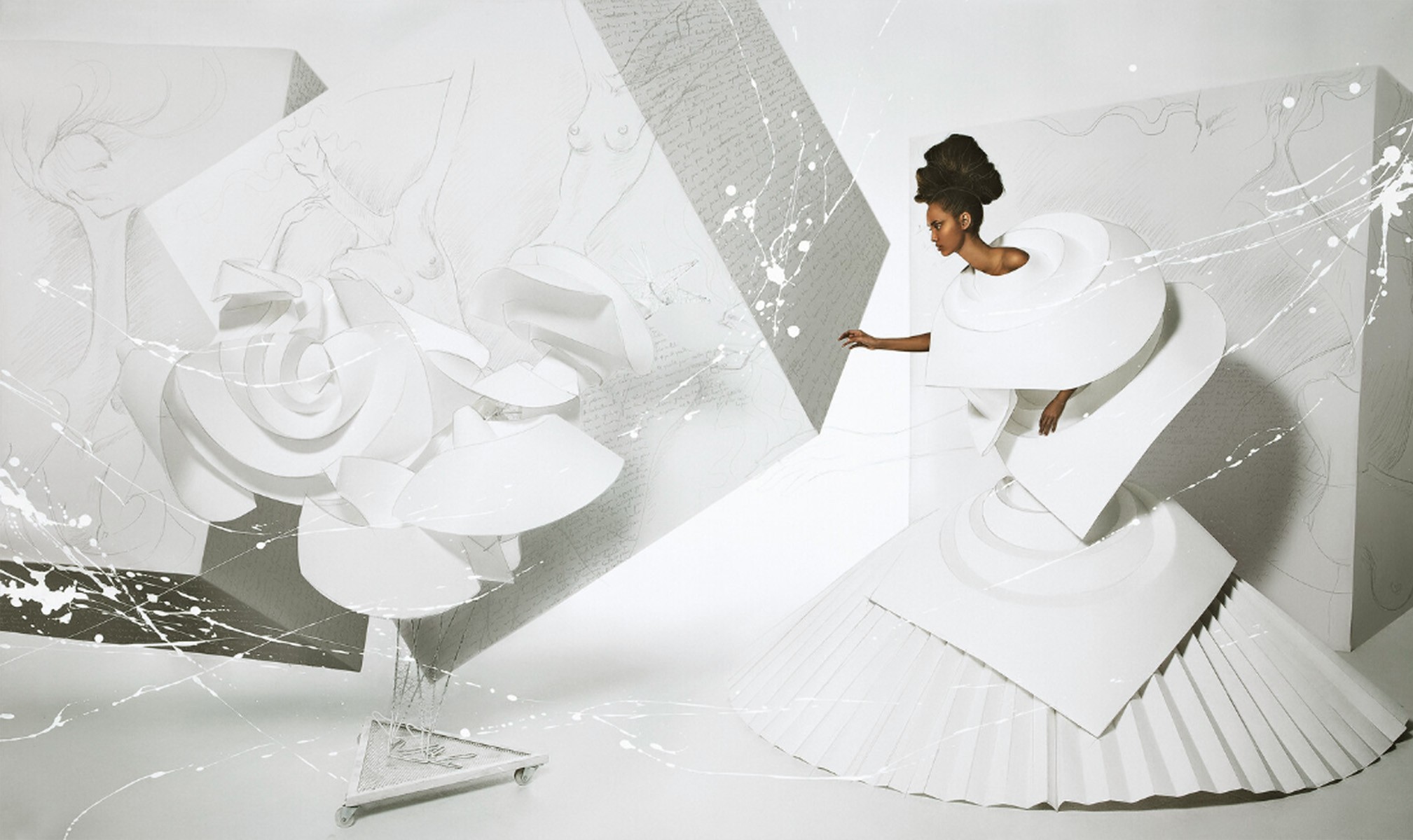 Efren Isaza, Black Girl in Origami Dress with Rooste II, Framed Efren Isaza, Black Girl in Origami Dress with Rooste II, Framed
