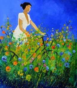 Painting, With the bicycle amid poppies, Pol Ledent