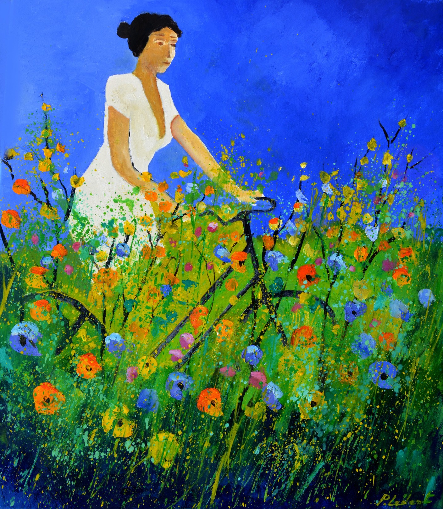 Pol Ledent, With the bicycle amid poppies Pol Ledent, With the bicycle amid poppies