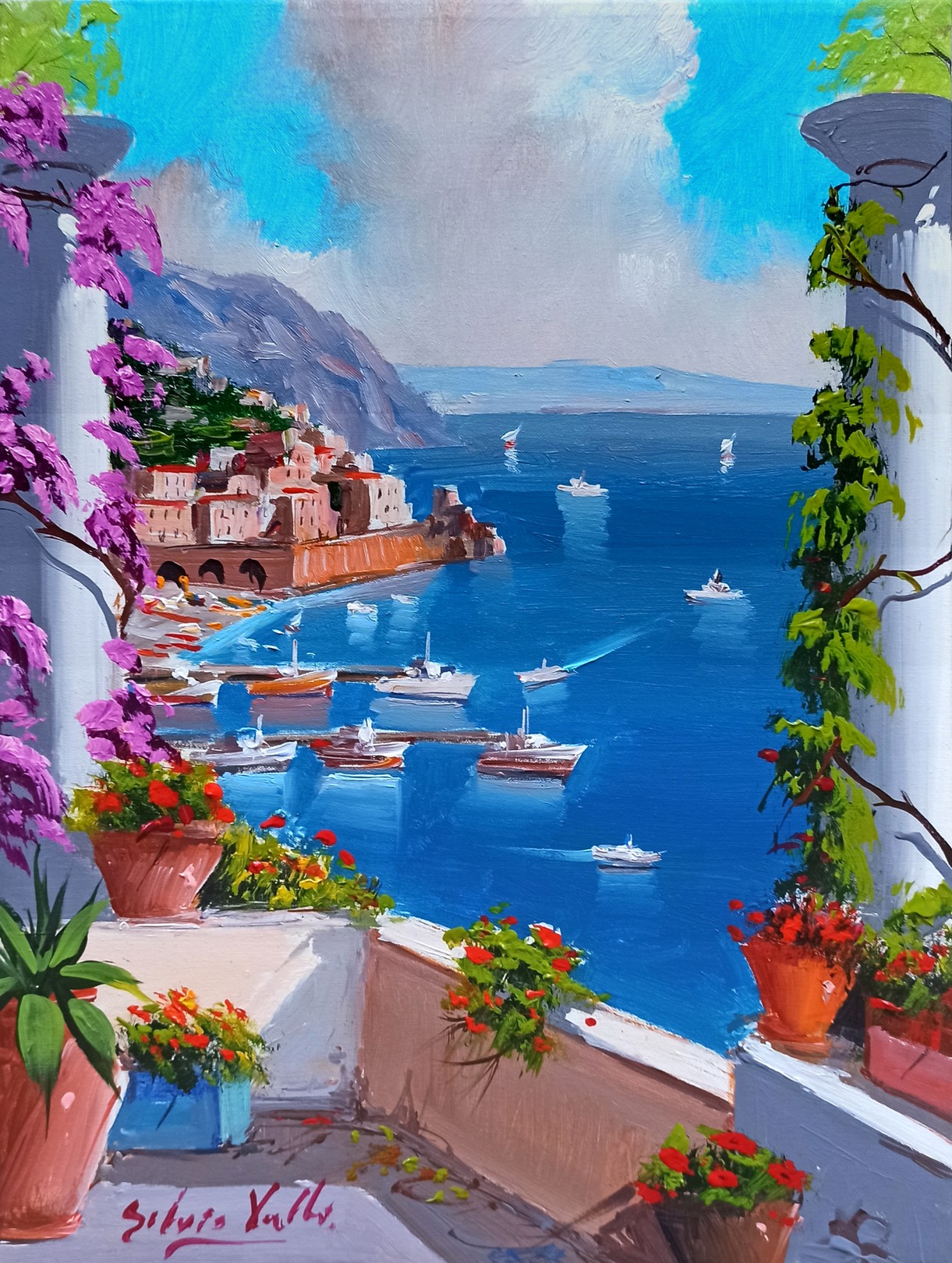 Silvio Valli, Vertical window on the sea - Amalfi painting & frame Silvio Valli, Vertical window on the sea - Amalfi painting & frame
