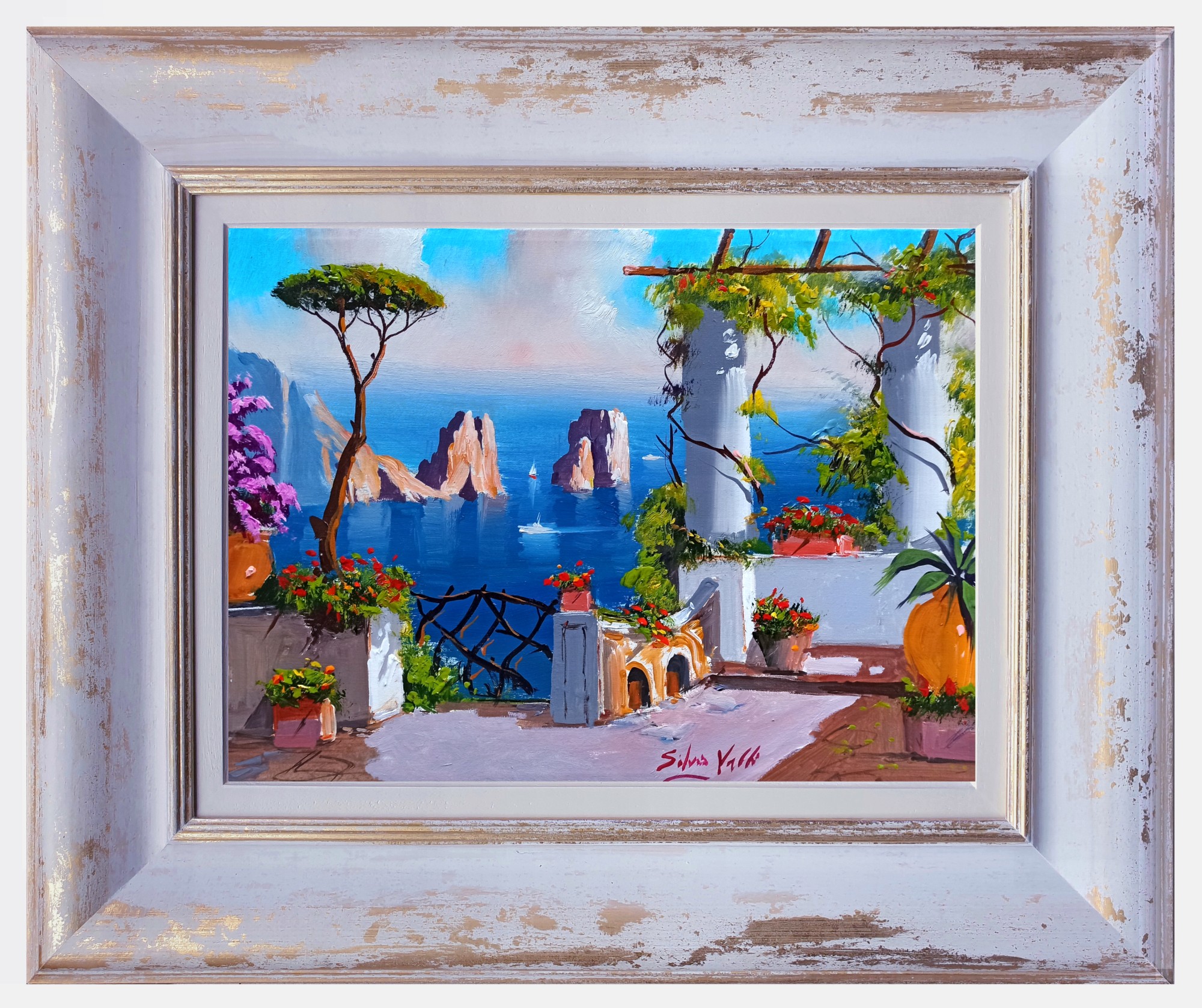 Silvio Valli, Blue sea from the terrace - Capri painting & frame Silvio Valli, Blue sea from the terrace - Capri painting & frame