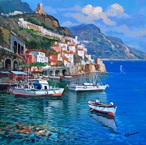 Painting, Reflections in Amalfi square version - Amalfitan Coast painting, Vincenzo Somma