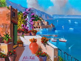 Painting, Flowered house on the sea - Amalfi painting & frame, Silvio Valli
