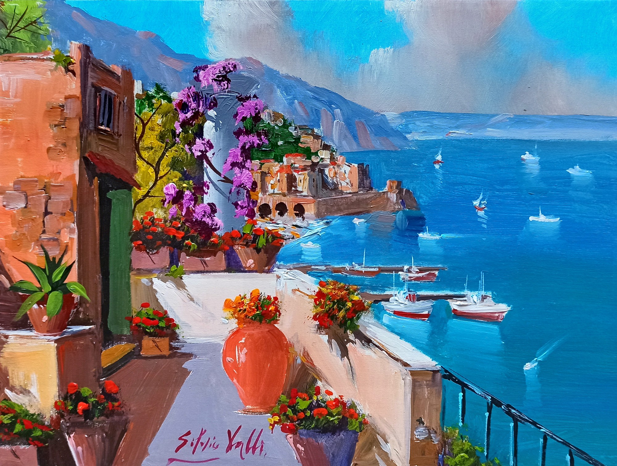 Silvio Valli, Flowered house on the sea - Amalfi painting & frame Silvio Valli, Flowered house on the sea - Amalfi painting & frame