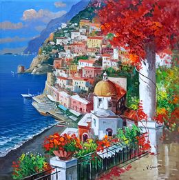Gemälde, View from the terrace square version - Positano painting, Vincenzo Somma
