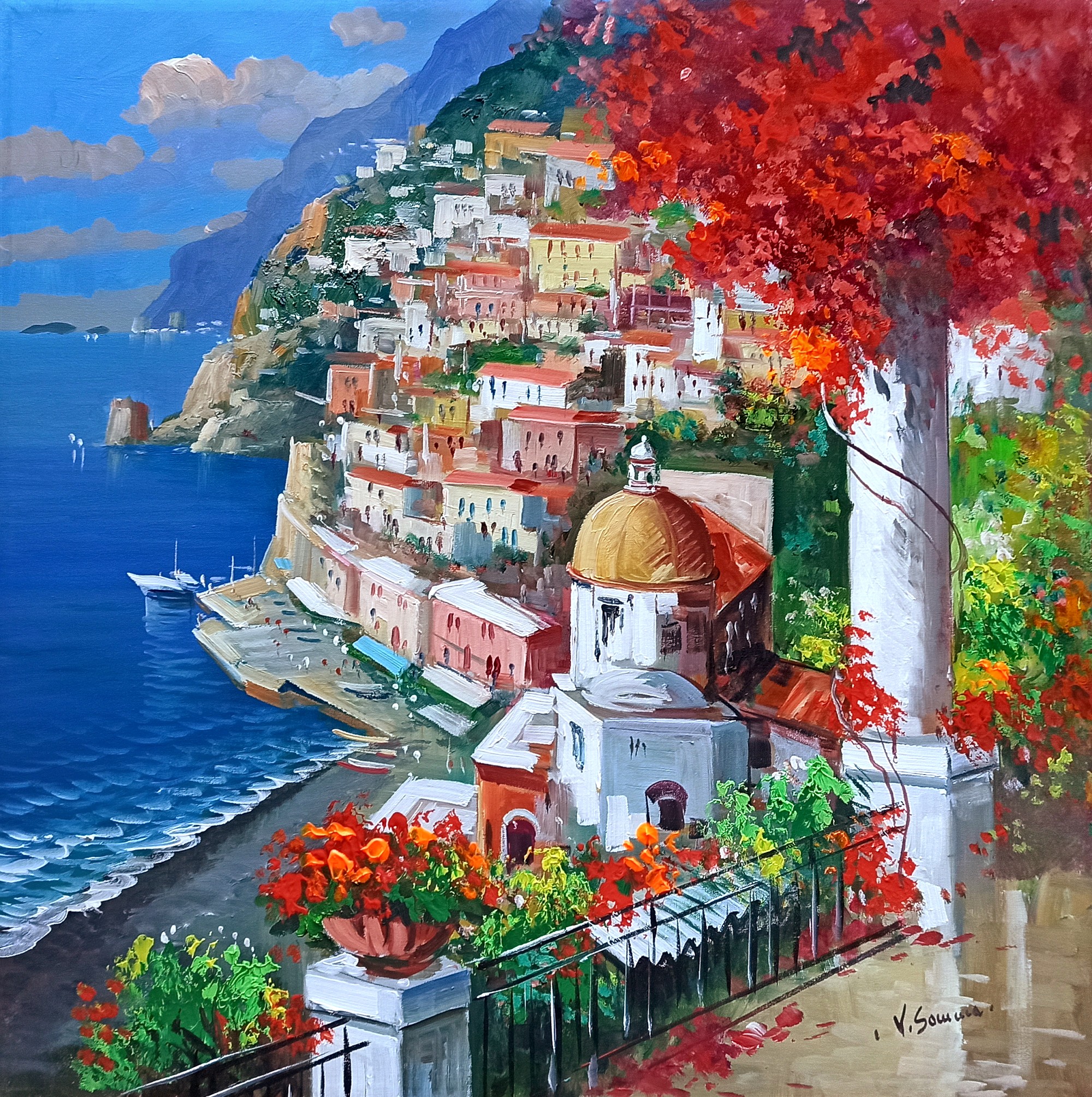 Vincenzo Somma, View from the terrace square version - Positano painting Vincenzo Somma, View from the terrace square version - Positano painting