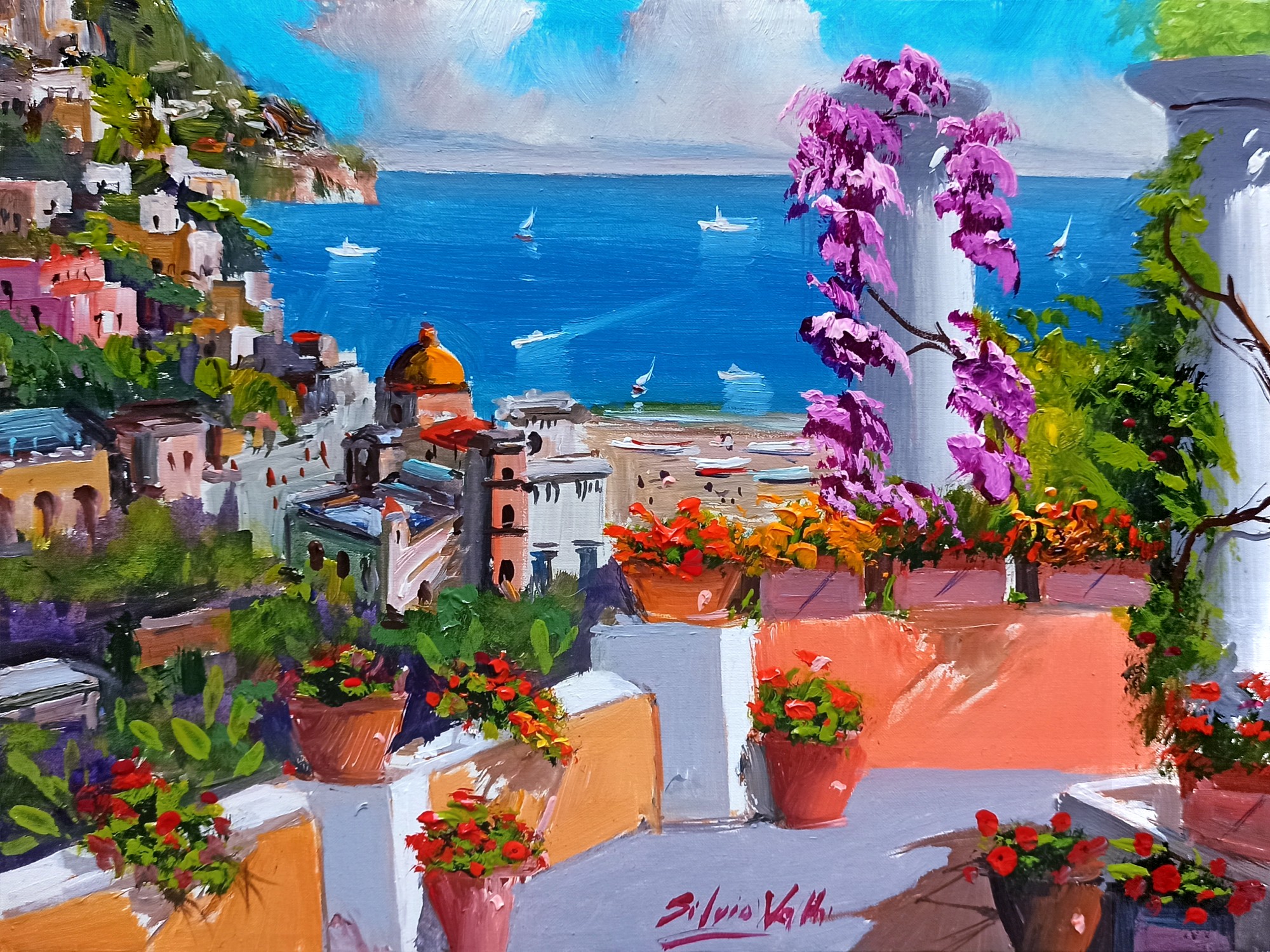 Silvio Valli, Flowering on the coast - Positano painting & frame Silvio Valli, Flowering on the coast - Positano painting & frame